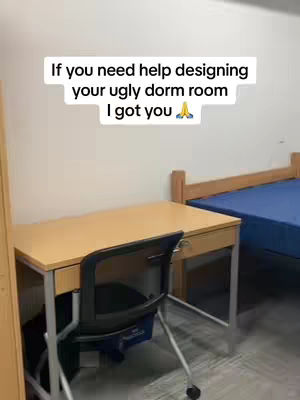 The image shows a dorm room setting with a desk and bed visible. A white text overlay provides the hook.