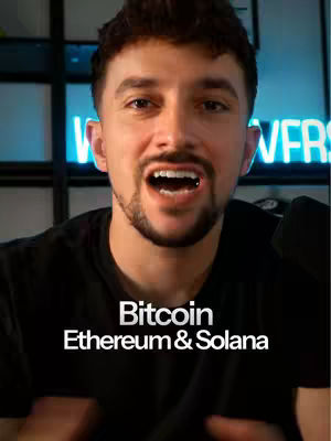 A man with dark hair and a beard is in the frame, smiling. Below the man, the words "Bitcoin Ethereum & Solana" are displayed in white block letters.