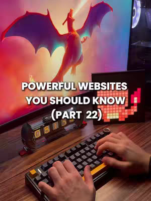 The cover image features a desk setup with a keyboard, a glowing pixelated creature, and a computer screen displaying a stylized dragon. The text overlay reads 'Powerful Websites You Should Know (Part 22)'. The background features colorful gradients and a vibrant scene from a computer game.