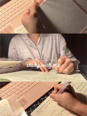 The cover image is a three-panel collage showing a study setup and someone studying. The top panel shows a hand holding a gray book, a keyboard is visible in the background. The middle panel shows a person wearing a light-colored shirt with a pen in their hand, writing on a sheet of paper. The bottom panel shows a hand writing on a page, also with a keyboard in the background.