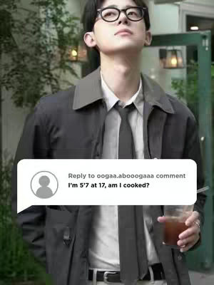 A young man in glasses and a dark jacket is outside, holding a beverage. A text bubble gives a user comment on height.