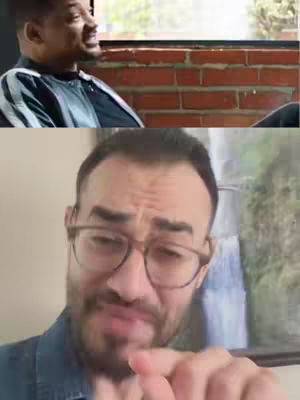 The image is split horizontally, with Will Smith on top seated indoors near a brick wall, looking to his left. Below, a man with glasses makes a face at the camera, pointing forward.