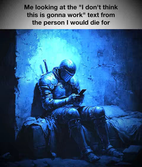 An artistic image depicts a knight in full armor sitting in a dimly lit, blue-toned room. The knight, wearing a helmet that obscures the face, is hunched over holding a phone. The background suggests a stone wall and a simple bed. The overall mood is one of melancholy and isolation.