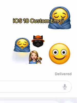 The image displays a collection of emojis and text on a white background, simulating an iOS message screen. In the center of the image, are custom emojis with a woman holding a dog, a sleeping baby emoji, a stylized cat wearing a hat, and a standard smiling emoji.