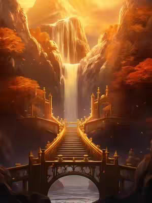 An idyllic, digitally created landscape dominated by warm orange and gold tones. A waterfall cascades down into a valley with a bridge and stairs leading up to the waterfall.