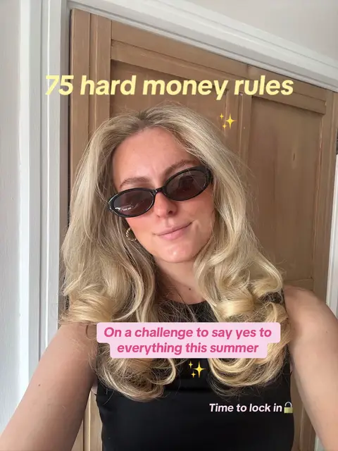 A woman with long blonde hair and sunglasses is centered in the frame, smiling towards the camera. Text overlays include '75 hard money rules' and a call to action.