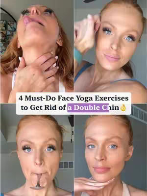 A split image showcasing four different poses of a woman, presumably demonstrating different face yoga exercises. The woman is fair-skinned with long, light red hair and bold eyelashes. The top left image shows her head tilted back, tongue out and hand on her neck. The top right has her looking straight at the camera touching her temple. The bottom left shows a spoon in her mouth, and the bottom right picture she stretches her lips over her teeth. A white bar displays the text, '4 Must-Do Face Yoga Exercises to Get Rid of a Double Chin'.