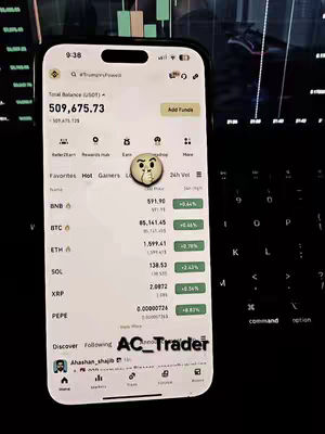 The cover image shows a smartphone displaying a financial app interface. The interface highlights an account balance and various cryptocurrency values. The phone is held against a dark background, possibly a keyboard or a computer screen. A sticker is placed on the screen above the interface. Text overlays include the name of the creator and a call to action to join a Telegram group.
