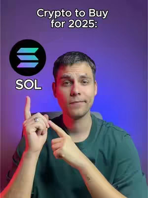 A man is pointing upward with a finger, with text overlayed at the top reading, "Crypto to Buy for 2025:". There is a cryptocurrency logo to the left of the man and the word "SOL" beneath it. The background is a gradient of pink and blue.