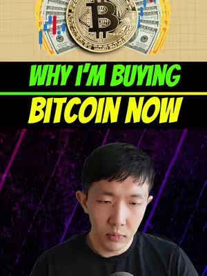 The cover image features a man looking down with the text "WHY I'M BUYING BITCOIN NOW" overlayed. In the top portion of the image, a Bitcoin logo along with stacks of money are displayed.