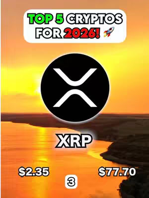 The cover image displays a sunset landscape with a river. Overlayed, there's a graphic with the XRP logo over a black circle. Below this is the text "XRP" and price predictions. At the top is a white banner that has the text "TOP 5 CRYPTOS FOR 2026!" with a rocket ship graphic near the end.