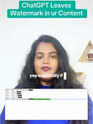 The cover image is a selfie-style shot featuring a woman with dark wavy hair, positioned against a plain white background. She is looking towards the camera with a neutral expression. Above her is a banner with the text "ChatGPT Leaves Watermark in ur Content" in a white font on a teal background. A second text layer below her shows "yep especially if" in black font. in the bottom of the image a window with a code is shown.