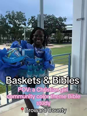 A woman with glasses smiles, standing outside while holding a basket of snacks and water bottles, likely preparing for a community gathering. Text overlays describe the event as 'Baskets & Bibles' with a color theme.