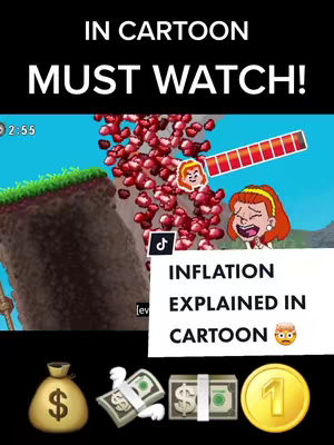The cover image showcases an animated scene. The top part features text elements on a black background. Below, an animated video depicts a cartoon-like setting with a green hillside and blue sky. Cartoon figures are present with inflationary elements and text boxes detailing the topic, along with related emoji icons. Below the animated scene are icons representing a moneybag, banded cash, a stack of bills, and a gold coin.
