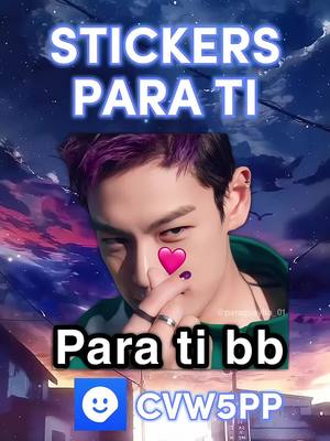 The image is a digital illustration featuring a person's head and shoulders, superimposed on a cloudy, and colorful background. The person, who appears to be of Asian descent, has purple-tinted hair and is giving the peace sign, with a pink heart sticker applied to the index finger. White text, highlighted in blue outlines, proclaims 'STICKERS PARA TI' at the top of the image, while 'Para ti bb' appears in a lower text box. The image includes a small logo of a smiling face with a speech bubble, along with a text that reads 'CVW5PP'.