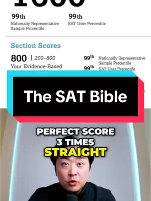 The cover image shows a man in a black shirt with the text overlay 'PERFECT SCORE 3 TIMES STRAIGHT' and the title "The SAT Bible".