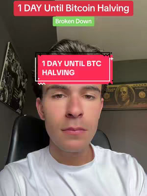The cover image features a young man in a white t-shirt looking at the camera. Overlayed text announces the Bitcoin halving event. The background is a blend of neutral colors and a framed dollar print, suggesting a financial context.