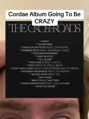 The cover image features a square graphic of a Cordae album tracklist positioned in front of a person's blurred face. The album title, "THE CROSSROADS," is displayed prominently. The tracklist spans the vertical space below the title, with song titles and featured artists visible. The person's face, partially visible at the bottom, has blurred features, indicating a focus on the album art.