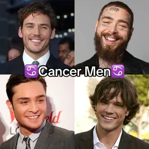A collage of four images featuring four men smiling. The text overlay says, Cancer Men, with the Cancer zodiac symbol on either side of the text.