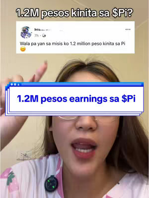 A selfie-style video cover image featuring a woman looking at the camera with an open mouth, showing a sign in the middle. Above her head is a text overlay with a post from Facebook next to the text “1.2M pesos earnings sa $Pi”. The background is a plain wall.
