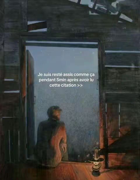 An artistic painting depicts a figure gazing out of a wooden doorway into a twilight scene. The individual, seen from the back, sits with their legs tucked up under them, enveloped in a muted color palette of browns and blues. A soft lamp illuminates the foreground, contributing to the intimate, contemplative mood. The background reveals a starry sky seen through an open space beyond the doorway.