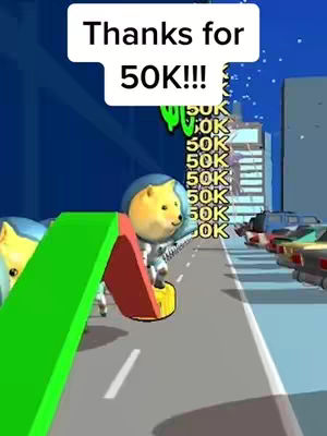 The cover image shows a 3D rendered scene. A road is flanked by buildings and cars on the right. A figure resembling the Doge meme, dressed in a spacesuit, is standing on a platform. In the background, text reading '50K!!!' is present. The sky is a gradient of blue.