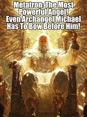 An illustration of a golden-hued male figure, likely Metatron, seated on an ornate throne. He has a long, white beard and is adorned in embellished clothing and a halo. The background glows with golden light.