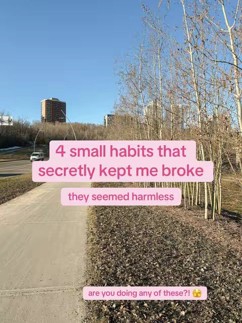 A visual composition featuring a road receding into the distance with a grassy area on the right and a clear, blue sky overhead. Text overlays in pink call out aspects of poor spending habits, seemingly targeting an audience of viewers. Buildings can be seen further in the background, and trees line the side.