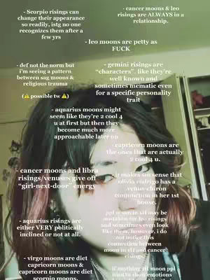A selfie-style image showing a person's face, with text overlays describing different astrological observations. The person is positioned in front of what seems to be a cluttered room, with text bubbles outlining various zodiac-related insights.