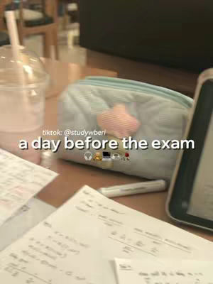 The cover image shows a close-up of a desk with a pink drink in a clear plastic cup, study materials, a pencil case, and a tablet. The text overlays a phrase describing the video content.