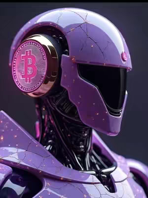 The image showcases a futuristic robot head, primarily purple with black accents, resembling a helmet or mask. The robot features a Bitcoin symbol on the side of its head, rendered in pink on a gold circle. Its design incorporates sharp angles and a sleek appearance, suggesting a tech-focused theme. The background is a dark gradient, enhancing the robot's vibrant colors and futuristic aesthetic.