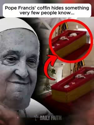 The image shows Pope Francis on the left side, and a zoomed-in view of a coffin on the right. The coffin has a red interior and gold exterior. It is highlighted with a red circle and an arrow. The hook at the top says: Pope Francis' coffin hides something very few people know...