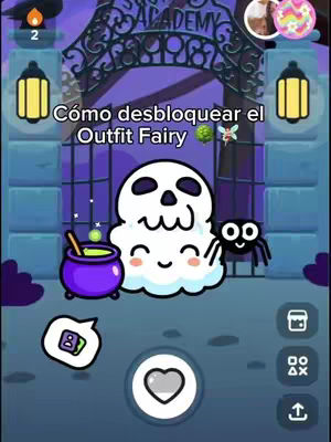 The image is a stylized, cartoonish graphic, featuring elements associated with Halloween and fantasy. A decorative archway, likely a gate, frames the top of the image. Within this archway, the text "ACADEMY" is visible. The background appears to be a dark purple gradient, creating a night-time setting. The text overlay reads 'Cómo desbloquear el Outfit Fairy'. Central to the composition is a large, smiling, white ghost-like character with black eyes, reminiscent of a skull. The ghost appears to be emerging from a cloud. To the side of the ghost, there's a black spider with wide, friendly eyes. In the lower left corner, there is a purple cauldron with a green bubbling potion being stirred by a wooden stick. Other design elements include stylized yellow lanterns along the archway, and various app-related icons at the bottom and right edges of the frame.