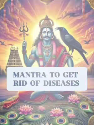 A digitally created image featuring a deity-like figure with blue skin, clad in traditional garb. The figure, seated upon a floral surface, holds a trident, and a crow perches nearby. A banner at the bottom displays text against the backdrop of a serene landscape with birds and a religious building, employing soft colors and a spiritual atmosphere.