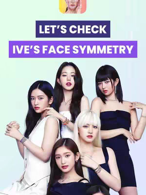 The cover image features a promotional graphic for an IVE face symmetry check. Five female idols are arranged in a slightly staggered semi-circle on a light teal background. Above the idols are two text boxes: The top one, with a pixelated image of a womans face, and the lower one, containing the text IVE'S FACE SYMMETRY.
The text below reads LET'S CHECK. The overall aesthetic is polished, with pastel colors and a focus on the faces and hairstyles of the idols