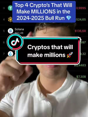 The cover image features a man in a white dress shirt pointing towards text overlays. The top overlay says, "Top 4 Crypto's That Will Make MILLIONS in the 2024-2025 Bull Run", with a diamond icon. A large, black rectangle in the center reads "Cryptos that will make millions" with a rocket emoji. The background is a list of cryptocurrency data from a trading platform, showcasing various coins and market values. The TikTok logo is partially visible, as well.