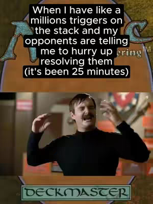 The cover image is a meme showing a man in a black shirt with his hands up, looking stressed. Overlayed text depicts a Magic: The Gathering related humorous situation.