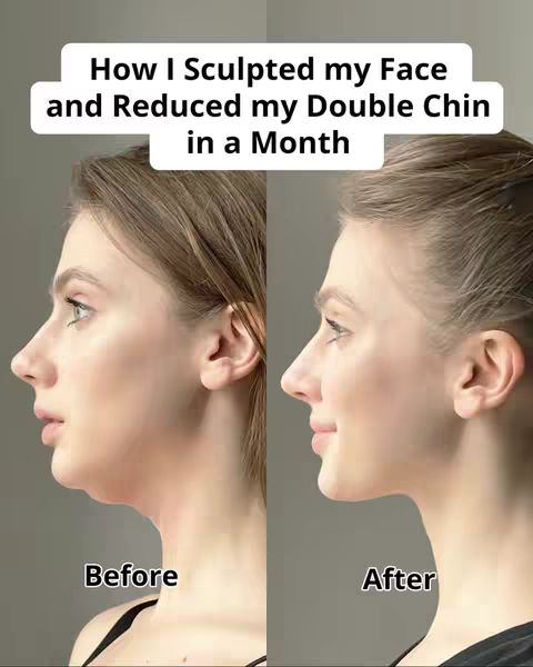 The image is a before-and-after comparison of a woman's profile. On the left, the woman's profile shows a visible double chin, labeled "Before" in black text at the bottom. On the right, the same woman has a more defined jawline, with the double chin significantly reduced, labeled "After" in black text below. A white rectangular text overlay at the top reads "How I Sculpted my Face and Reduced my Double Chin in a Month". The background is a solid, neutral color, providing a simple backdrop that keeps the focus on the woman’s face.