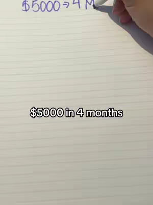 The cover image shows a white surface, possibly paper, with handwriting and text overlay. The top written text says "$5000 -> 4 M" and the bottom text says, "$5000 in 4 months". There is a hand holding a pen in the top right corner of the image.