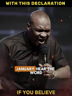 A man with short hair is holding a microphone and speaking with an animated expression. Text overlays include declarations and calls to faith. The background features a dark setting with some fiery particles.
