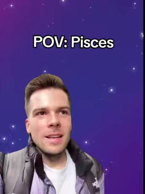A man with short brown hair and a light jacket is positioned in front of a purple and blue background with white sparkling dots. Text that says 'POV: Pisces' is displayed in light-colored letters at the top.