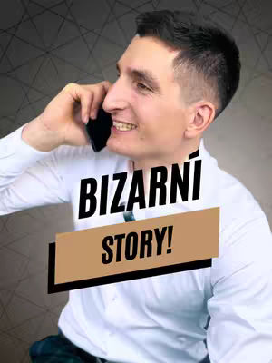 The cover image features a man on the phone, smiling while holding the phone, the background is blurred with a gray geometric pattern, a text overlay reads "BIZARNÍ STORY!".