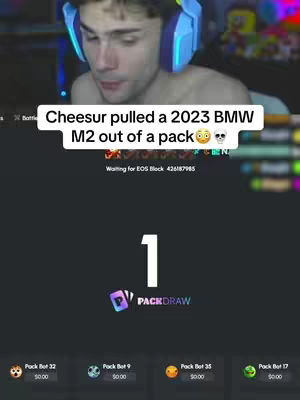 A young man is centered in the cover image, wearing a headset and looking slightly down with a neutral expression. Above him is a white text overlay, and beneath him is a dark user interface with a large, white number '1' in the center. Below that, graphics suggest a trading or pack-opening game.