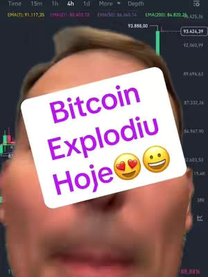 A close-up shot featuring a man's face with a white rectangular overlay. The man has light skin, short light-brown hair, and a somewhat surprised expression. A stock chart is visible in the background. The overlay contains the text 'Bitcoin Explodiu Hoje' in a purple font, along with two emojis: one with hearts for eyes and one smiling emoji.
