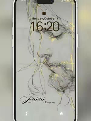 The cover image displays a smartphone screen with a sketched portrait of Jesus, set as a wallpaper, The sketch is predominantly grayscale with subtle golden highlights. The phone screen also shows the date and time. The word "Jesus" is written at the bottom of the screen in an elegant script font, and another line of text indicating 'Everything'.