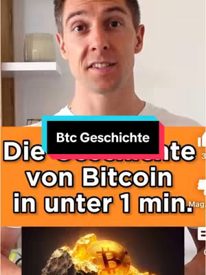 A man is centered in the frame, looking towards the camera and speaking. The video is set against a neutral, bright background. Overlay graphics include a bold orange banner displaying text, and an image resembling a gold Bitcoin symbol. The overall composition is designed to attract attention with its straightforward presentation and clear use of text and graphics.