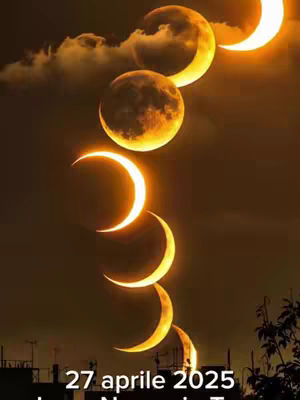 The image depicts a celestial scene with phases of the moon and city silhouettes. A series of moon crescents and full moons are vertically aligned against a dark night sky, progressing from faint crescent to full circle then back to crescent, indicating the lunar cycle. The sky transitions from dark to lighter shades of blue. In the bottom area, the silhouette of a city skyline is visible. At the bottom is the text "27 aprile 2025" alongside text: "Luna Nuova in Toro".