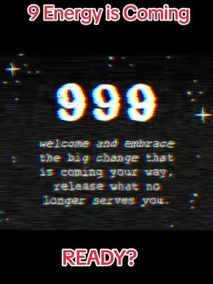 A digital graphic against a black background, featuring white text and a glitching aesthetic. The top reads '9 Energy is Coming' in red, stylized text. Large, distorted white numbers '999' are centered, beneath which is a line of smaller, stylized white text. The bottom contains the word 'READY?' in a white, outlined, red-filled box. Tiny white stars along the upper and right edges suggest a cosmic or digital visual element.
