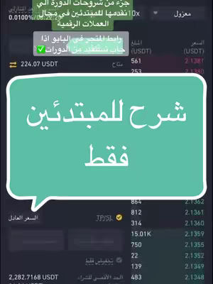 The image shows a screenshot of a trading platform interface. The top portion on screen shows the market data and details like the price variations and a green checkmark, while the bottom portion seems to show the price action indicators. An overlay featuring a large text box with Arabic script in white color over a teal background.