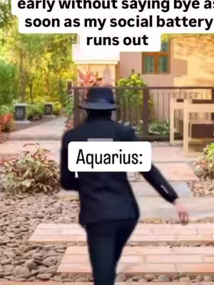 A person in a black suit and hat walks away from the camera on a brick pathway. A white rectangle with the word "Aquarius:" is superimposed on the person's back. The background features a house, trees, and foliage.